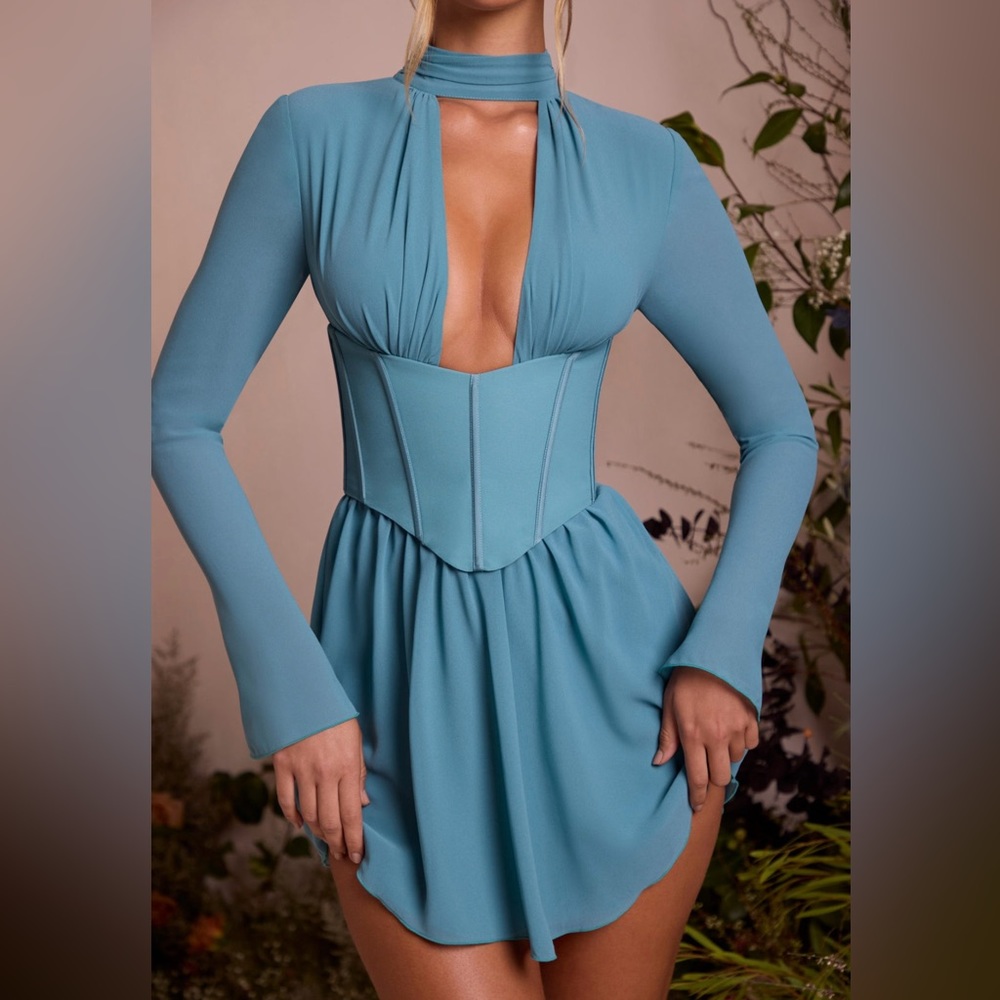 OH POLLY DRESS Long Sleeve Plunge Neck Mini Dress in Teal